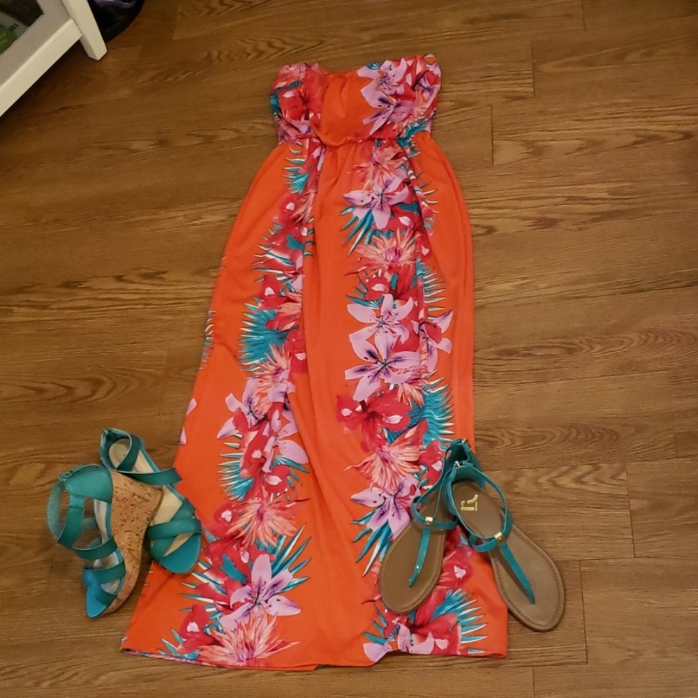 Strapless Tropical Floral Maxi Dress